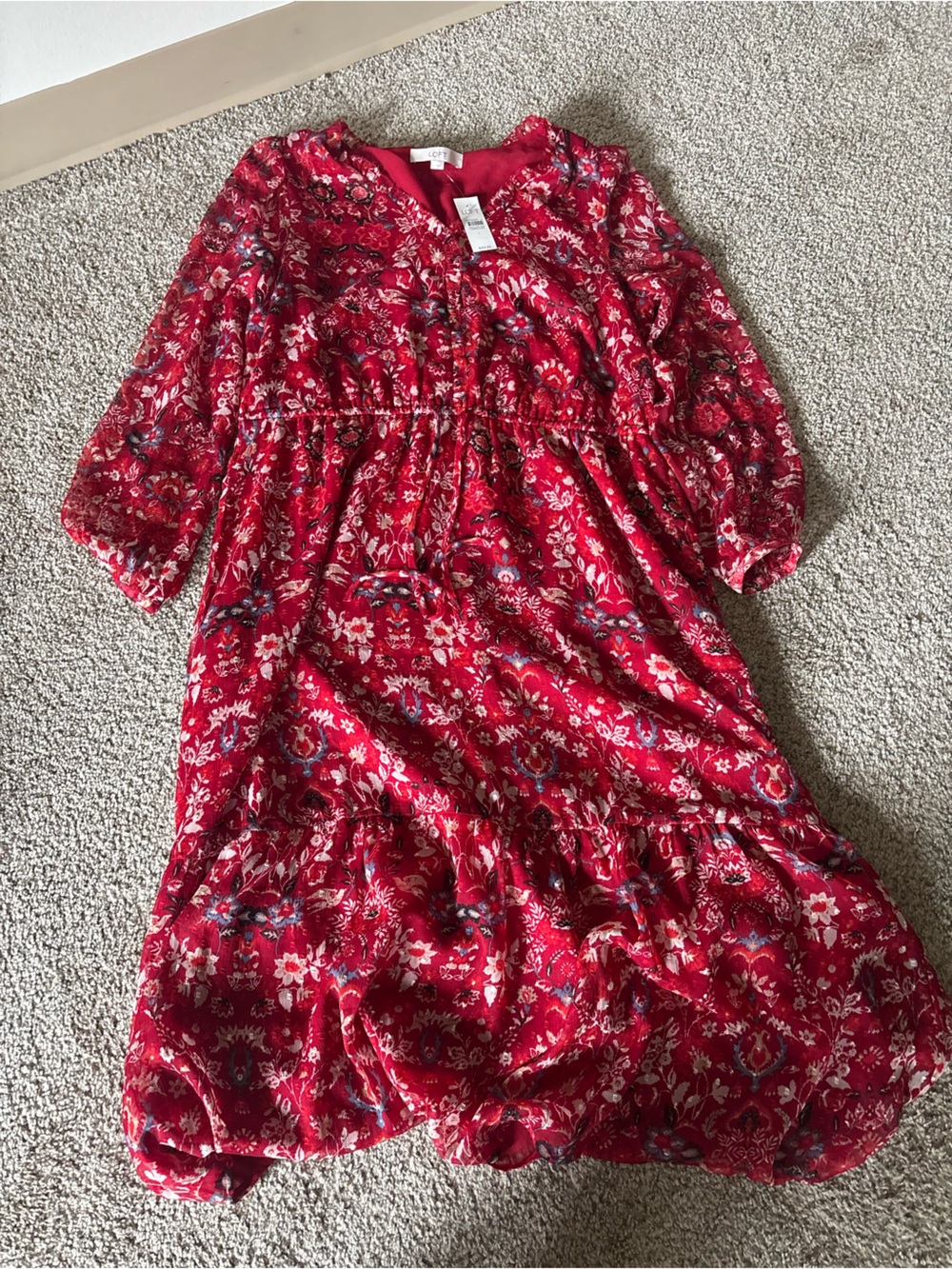 LOFT Red Floral Ruffled Blouse